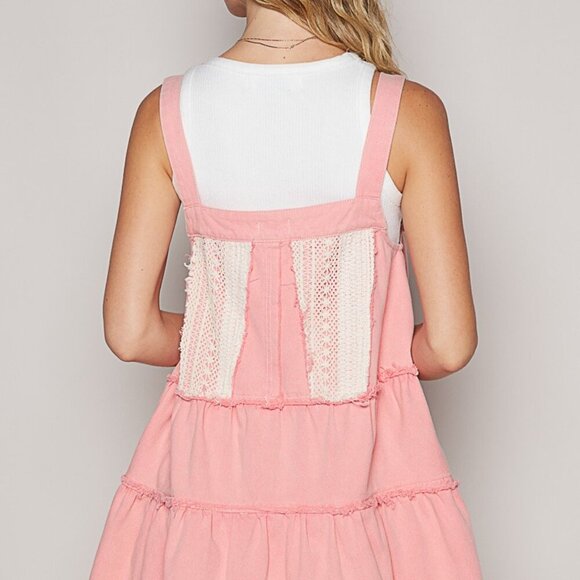 POL Lace Patchwork Detail Denim Overall Dress - Picture 3 of 3